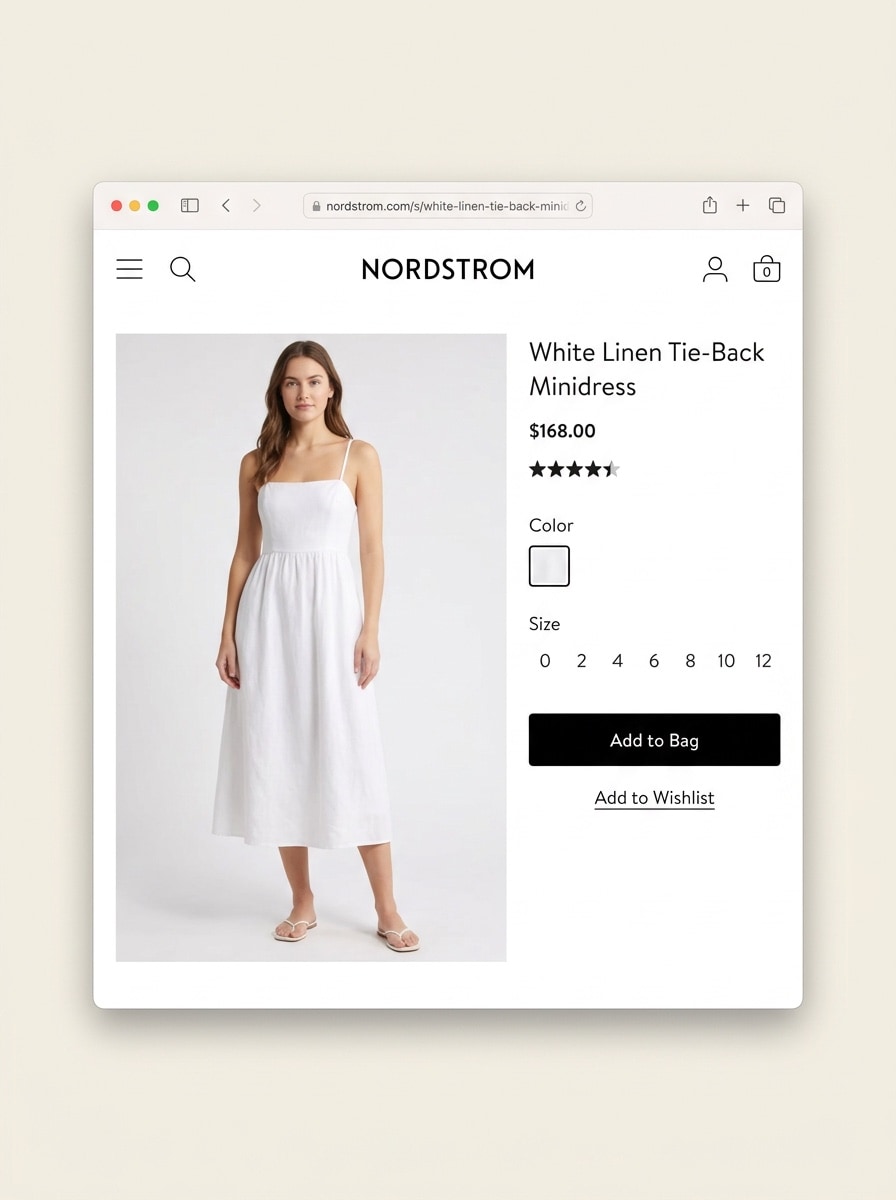 Browser window showing a Nordstrom product page — the retailer's store model wearing a white linen dress