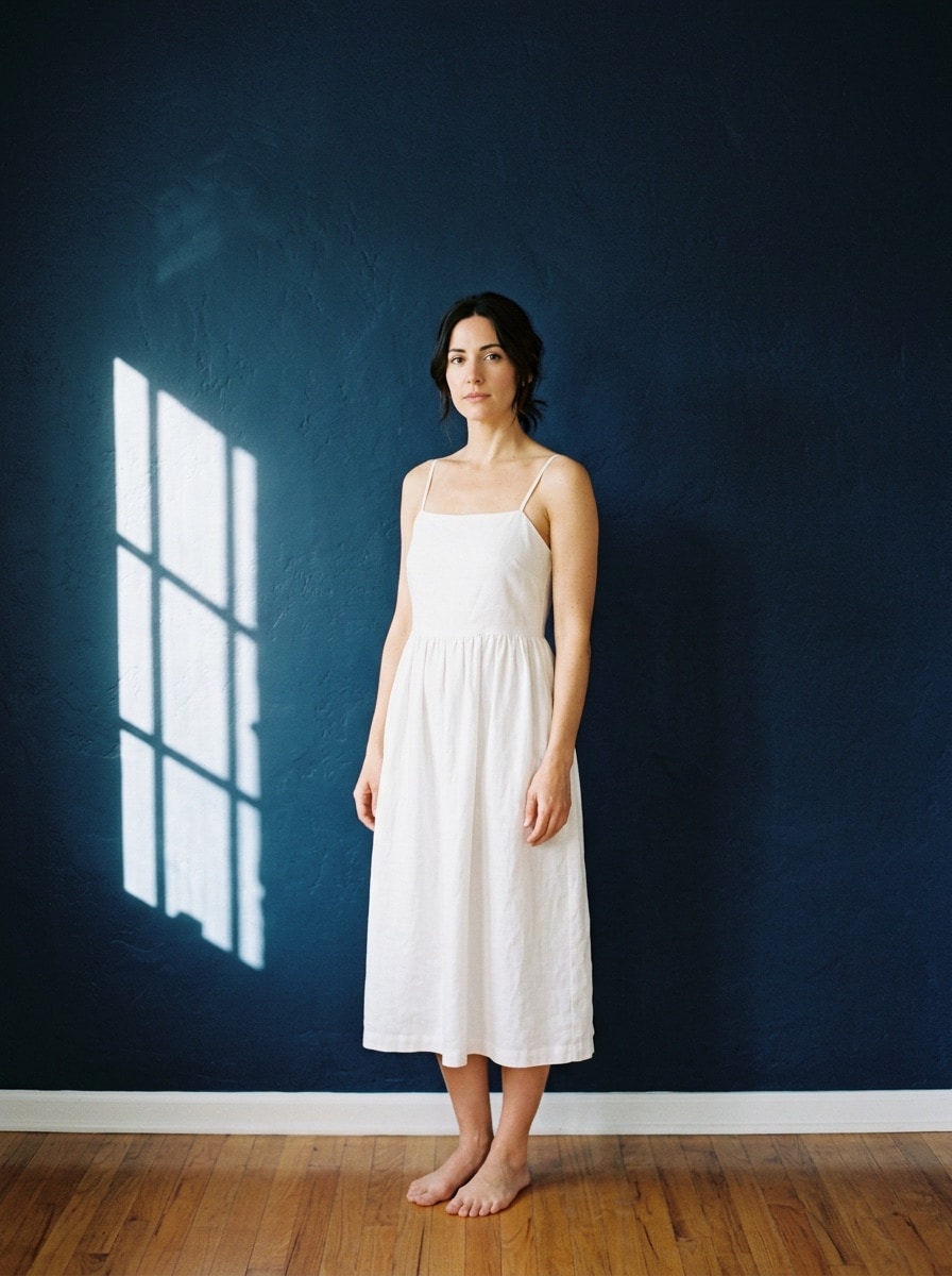 The same woman from the hero wearing the white linen dress from the retailer page, against the ink-navy wall with the same window-grid shadow