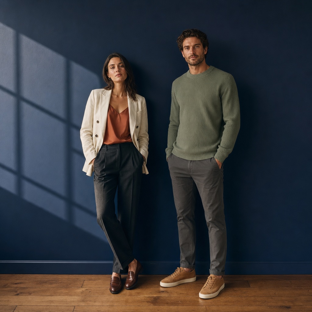A woman in a cream linen blazer over a terracotta silk camisole and a man in a sage knit sweater standing together against a chocolate-brown plaster wall in moody afternoon side-light